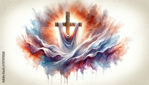 Cross of Jesus Christ with shroud on abstract colorful paint background. Digital illustration. © Faith Stock