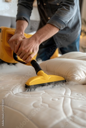 Professional steam cleaning of upholstered furniture in the home interior. Cleaning service. Vertical photo