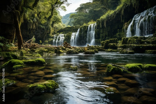 A picturesque waterfall in a forest with a river flowing through