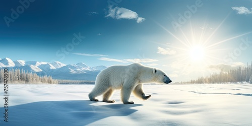 Amidst the frozen landscape of the Arctic, a polar bear commands attention as it stands poised on an ice floe.