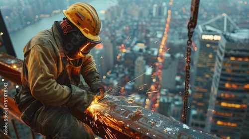 A construction worker in safety gear welds a steel beam on the edge of a skyscraper, with a bustling cityscape stretching into the horizon.
