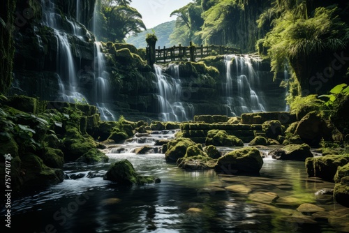A beautiful waterfall flows in a forest, with a bridge in the background