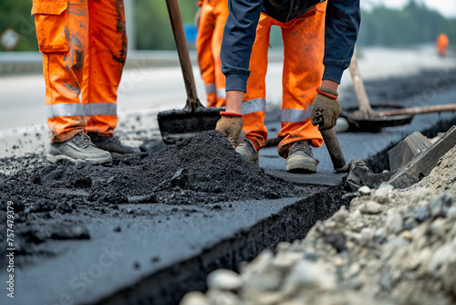 Road construction workers' teamwork, tarmac laying works at a road construction site, hot asphalt gravel leveled by workers, and road surface repair