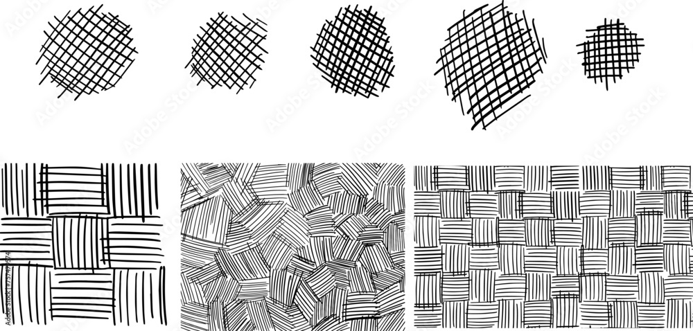 Crosshatch patterns collection with rain, Easter basket and canvas texture. Hand drawn organic textile patterns. Vector illustration