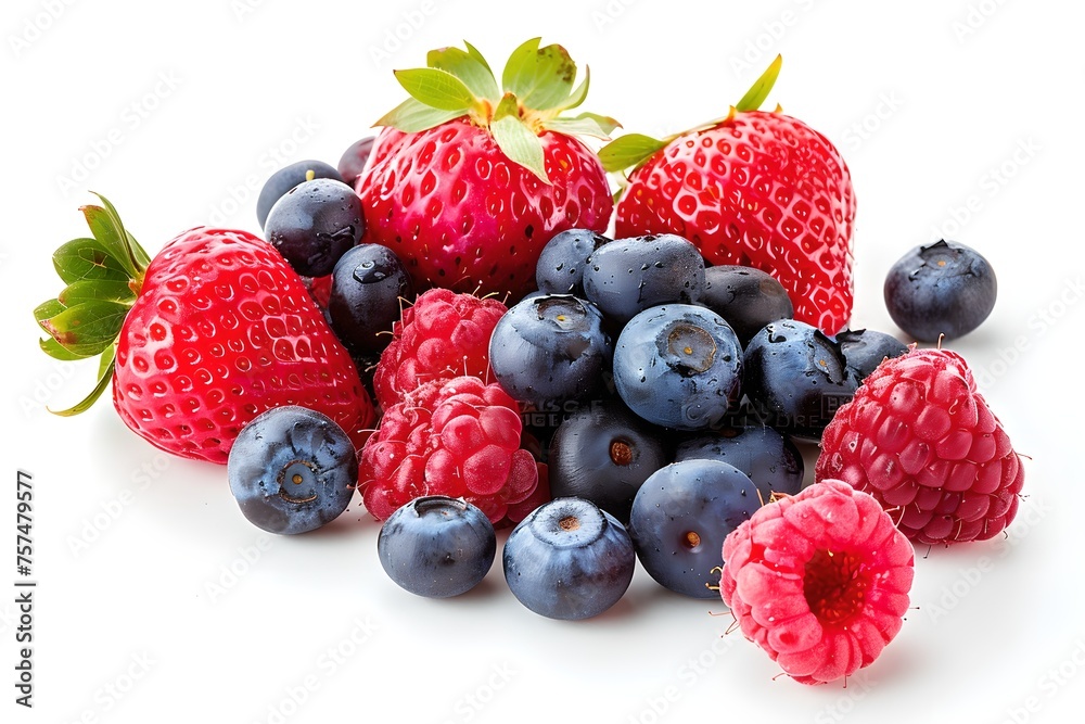 Assorted fresh berries isolated on a white background. Summer fruit concept. Design for banner, poster. Healthy food Assorted fresh berries isolated on a white background. Summer fruit concept. Design for banner, poster. Healthy food