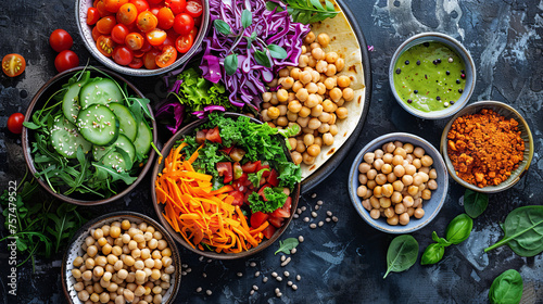 A vibrant Buddha bowl with chickpeas, veggies, and a variety of condiments