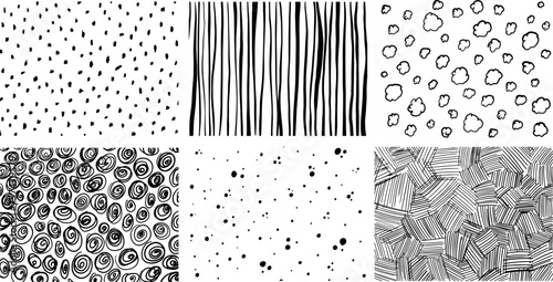 Crosshatch patterns collection with dalmatian, rain, clouds and Easter basket texture. Hand drawn organic textile patterns. Vector illustration