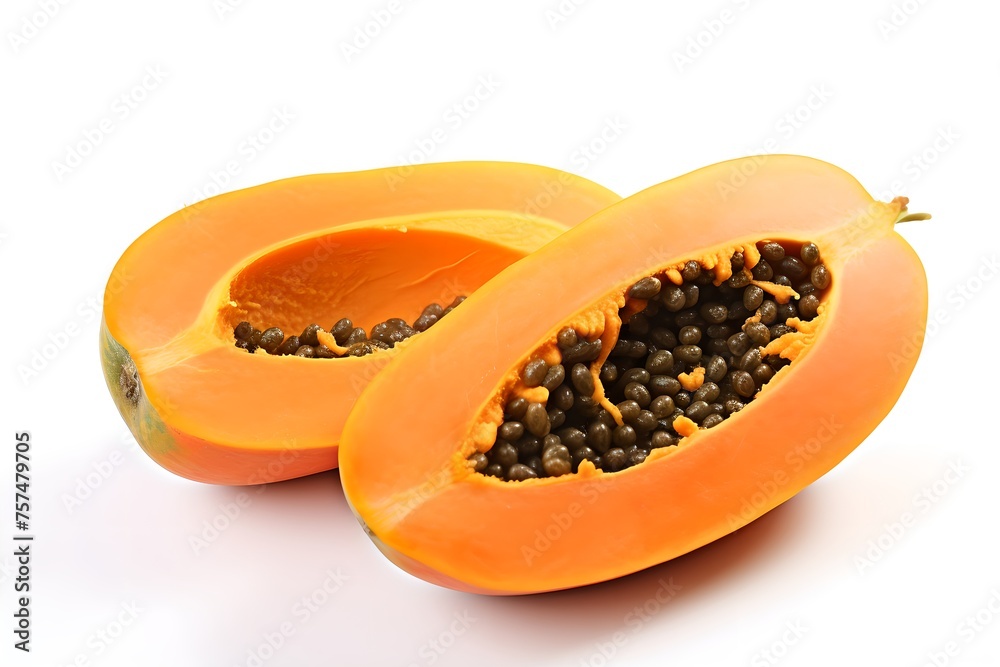 Papaya fruit cut on white background. Summer fruit concept. Design for banner, poster. Healthy food Papaya fruit cut on white background. Summer fruit concept. Design for banner, poster. Healthy food