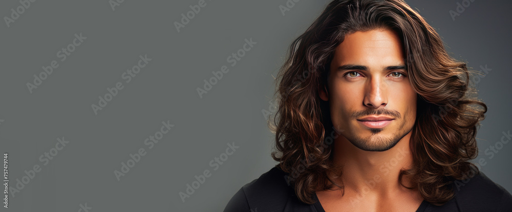Fototapeta premium Portrait of an elegant sexy smiling Latino man with perfect skin and long hair, on a silver background.