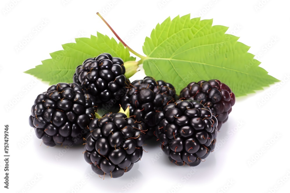 Blackberries with leaves isolated on a white background. Summer berry concept. Design for banner, poster. Healthy food