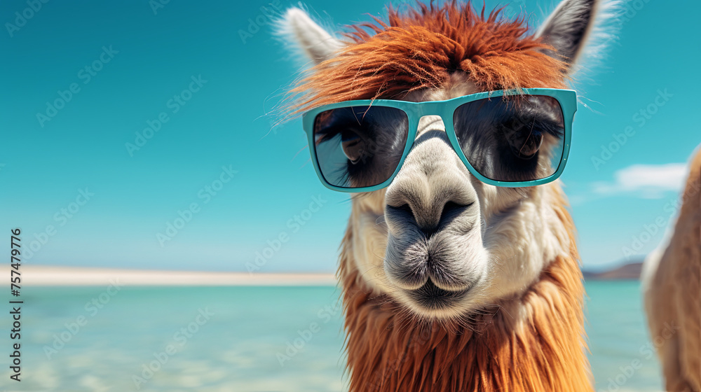 Fototapeta premium The beach holiday concept is represented by a fluffy llama wearing sporty sunglasses enjoying the ocean view.