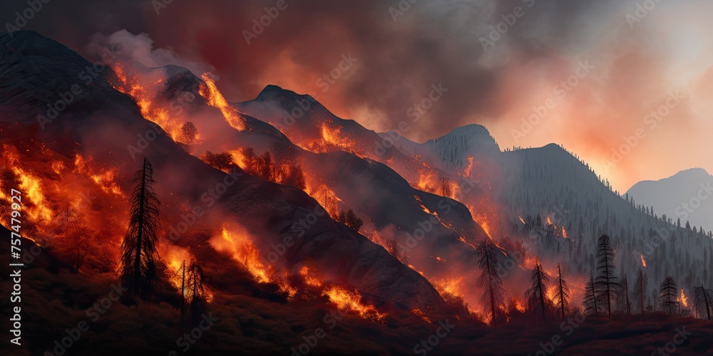 The mountains are experiencing a forest fire, with the foreground consumed by the burning of dry grass and trees.