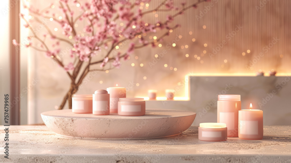 Peaceful spa concept with lit candles and sakura branches in a stylized bathroom Peaceful spa concept with lit candles and sakura branches in a stylized bathroom