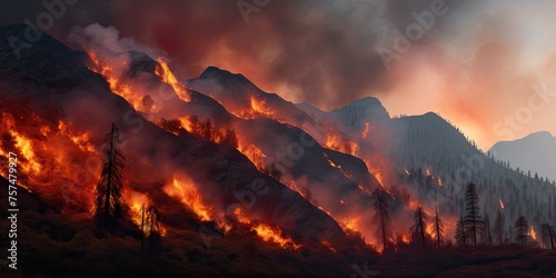 The mountains are experiencing a forest fire, with the foreground consumed by the burning of dry grass and trees.