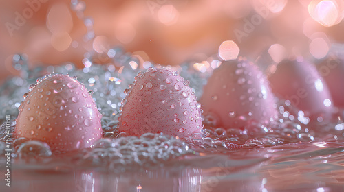 A closeup of Easter eggs with water droplets in pastel pink and peach colors