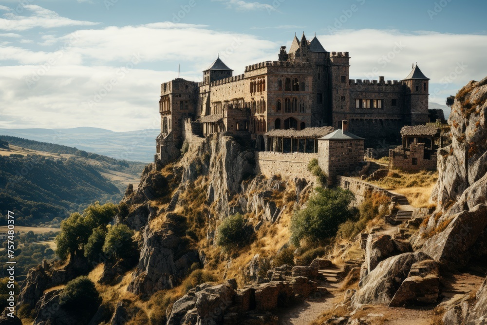 A castle looms over a rocky hill, dominating the landscape