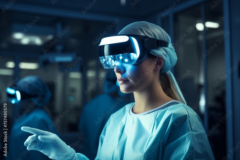 Female surgeon in scrubs wearing a VR headset, likely training or practicing surgery in a virtual environment. Female surgeon in scrubs wearing a VR headset, likely training or practicing surgery in a virtual environment.