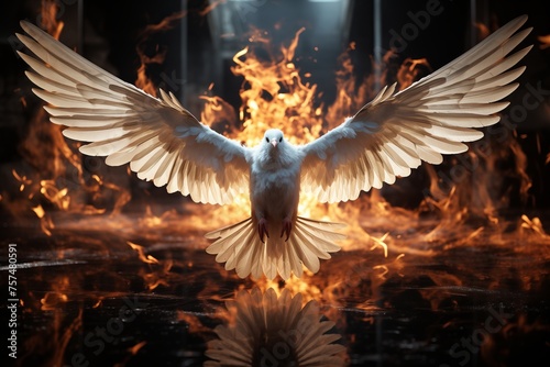 A white dove spreads its wings in front of a blazing fire, showing a striking contrast between the creature and the intense heat.