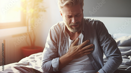 A man with heart pain in his chest, keeps his hands on his chest photo