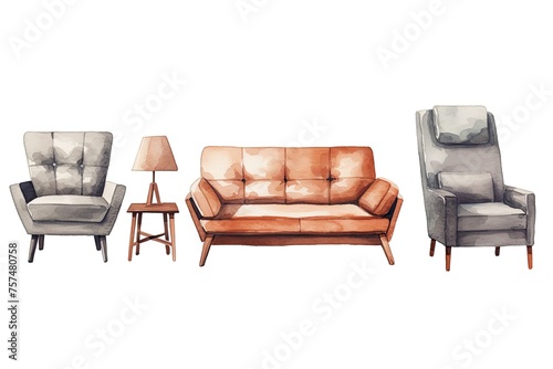 Watercolour hand painted home living room interior furniture illustration isolated on white background