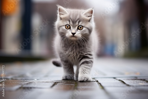 A lonely little kitten walks along a city sidewalk, exploring the neighborhood.