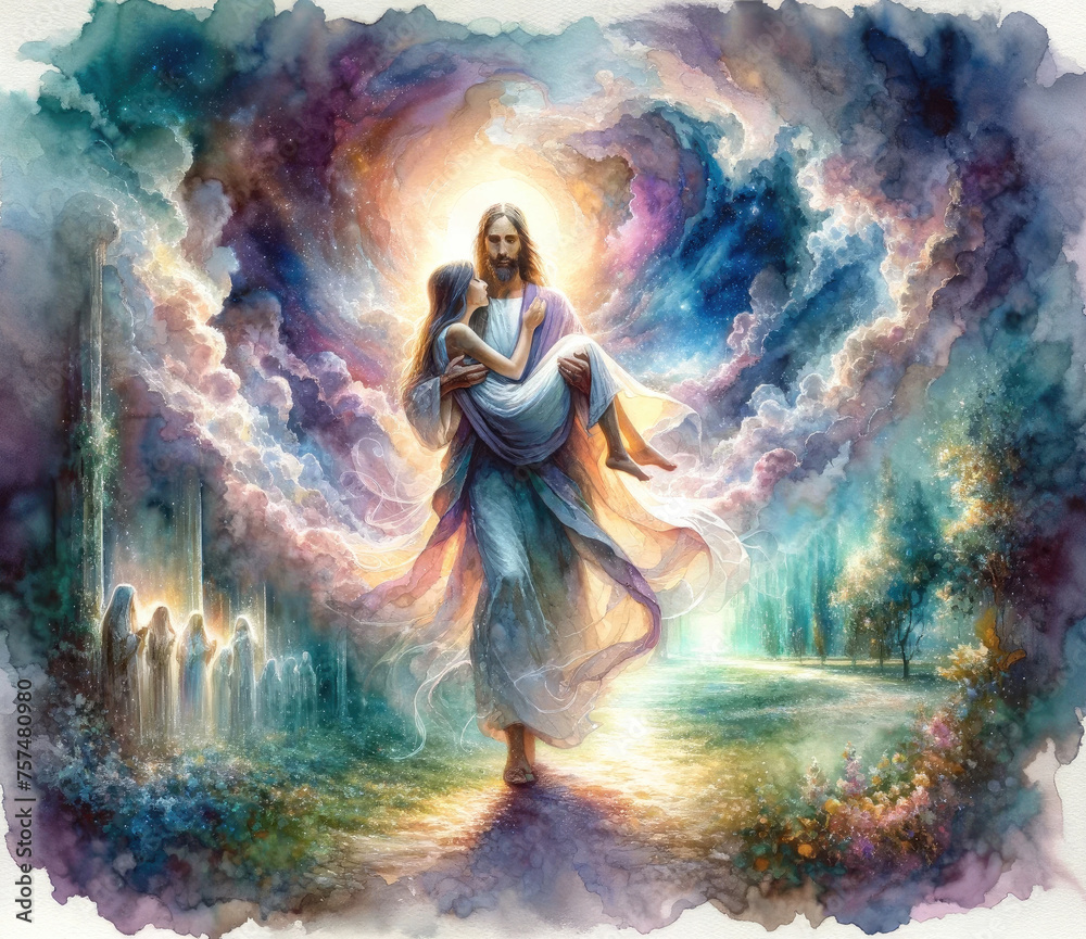 Digital painting of a beautiful woman with long hair in a blue dress in the arms of Jesus.