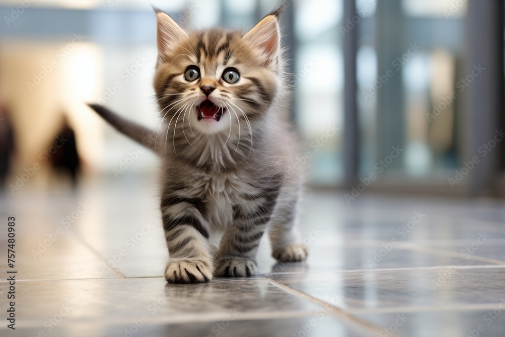 Fototapeta premium A hungry kitten meows and asks for food while sitting on the floor