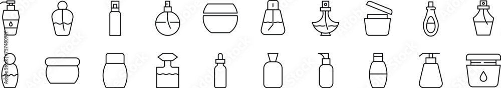 Bundle of linear symbols of cosmetic bottles. Editable stroke. Linear symbol for web sites, newspapers, articles book - obrazy, fototapety, plakaty 