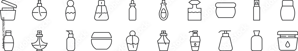 Cosmetic bottles linear vector icons collection. Editable stroke. Simple linear illustration for web sites, newspapers, articles book Cosmetic bottles linear vector icons collection. Editable stroke. Simple linear illustration for web sites, newspapers, articles book