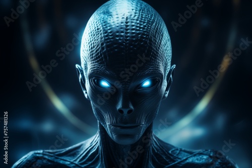 A mysterious alien man with glowing eyes stands in the darkness, casting an eerie presence.
