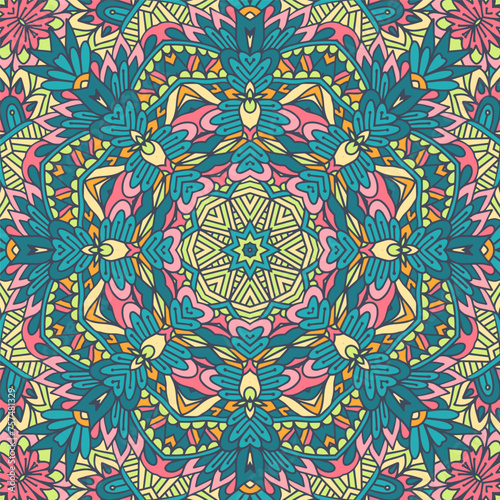 Vector seamless pattern ethnic boho art mandala. Doodle design with colorful ornament.