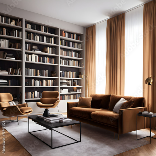 3d render of a modern living room, living room with a book library 