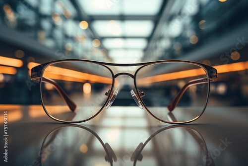 A pair of glasses is placed neatly on top of a wooden table, reflecting light from above.