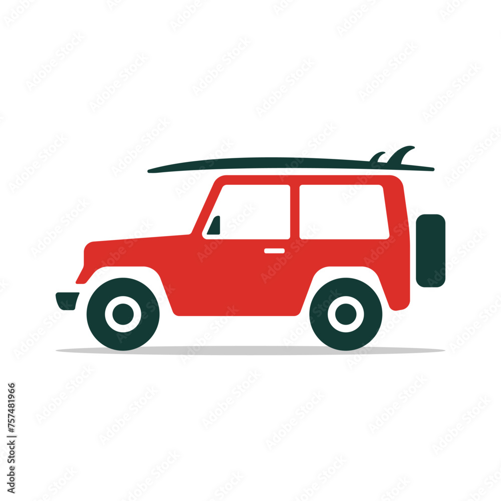 SUV and surfboard icon. Off-road vehicle. Colored silhouette. Side view. Vector simple flat graphic illustration. Isolated object on a white background. Isolate. SUV and surfboard icon. Off-road vehicle. Colored silhouette. Side view. Vector simple flat graphic illustration. Isolated object on a white background. Isolate.