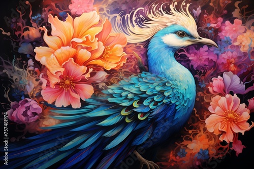 The picture shows a multi-colored bird gracefully standing among bright flowers.