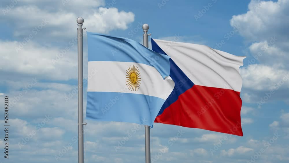 Czech Republic and Argentina two flags waving together, looped video, two country relations concept