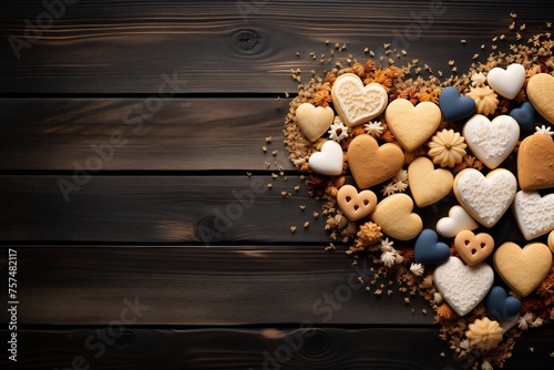 Heart-shaped cookies neatly arranged on a rustic wooden table with free space for text, creating a sweet and attractive display.