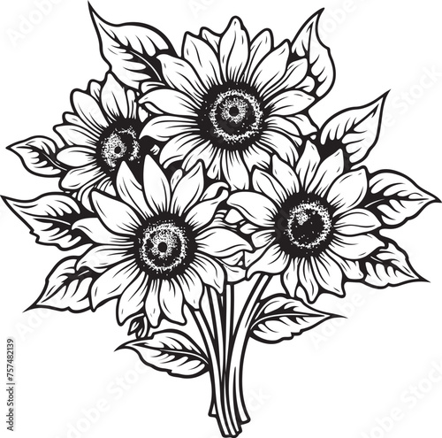 Radiant Rays Glowing Sunflower Bouquet Vector Black Logo Design Sunny Serenity Tranquil Vector Black Logo Icon with Sunflower Bouquet