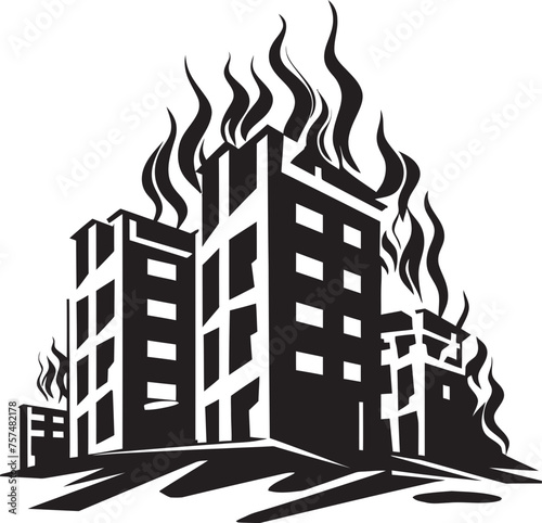 Fire Catastrophe Building on Fire Vector Black Logo Icon Danger Emblem Burning Building Vector Black Logo Design