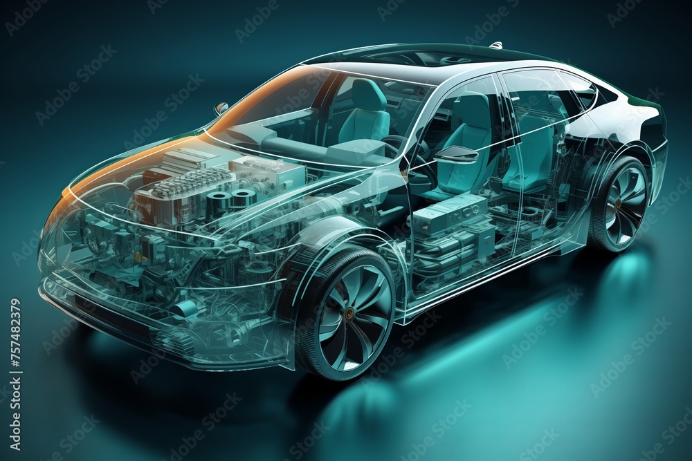 Naklejka premium Computer mockup of a car with a transparent body showing the engine and internal components.
