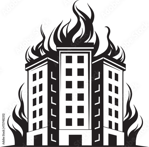 Firestorm Alert Burning Building Vector Black Logo Design Incendiary Signal Building on Fire Vector Black Logo Icon