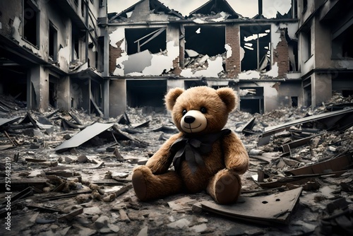 teddy bear in the window, Journey into the aftermath of conflict with an AI-generated image featuring a teddy bear amidst the ruins of an abandoned building, showcasing the devastation wrought by figh photo