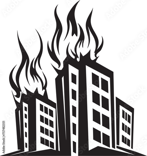 Firestorm Symbol Building on Fire Vector Black Logo Icon Incendiary Alert Blaze in Building Vector Black Logo Design
