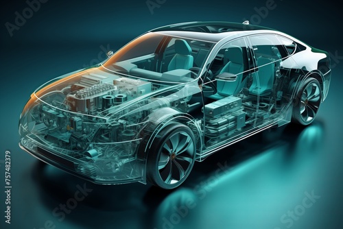 Computer mockup of a car with a transparent body showing the engine and internal components.