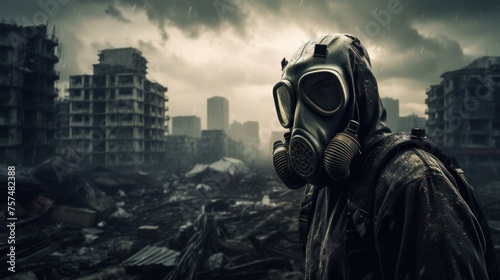 Desolation captured: a lone survivor in a gas mask and protective suit against the ruins of a once-thriving city.