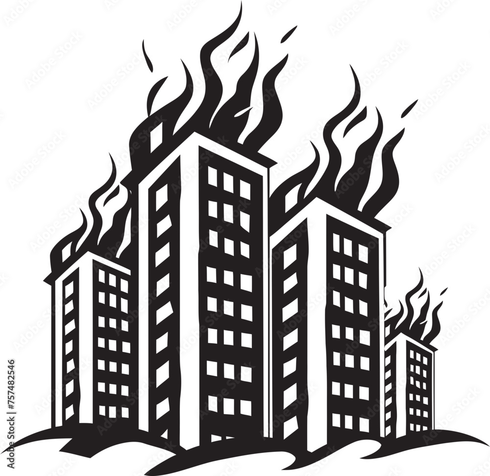 Flame Crisis Building on Fire Vector Black Logo Icon Disaster Preparedness Blaze in Building Vector Black Logo Design