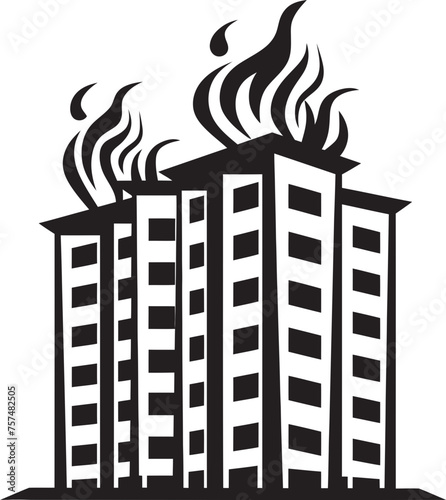 Incendiary Alert Blaze in Building Vector Black Logo Design Disaster Response Building on Fire Vector Black Logo Icon
