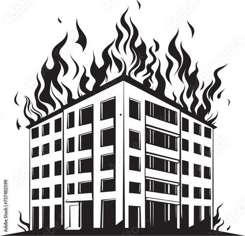 Blaze Emblem Burning Building Vector Black Logo Design Flaming Structure Fiery Vector Black Logo Icon of Building on Fire