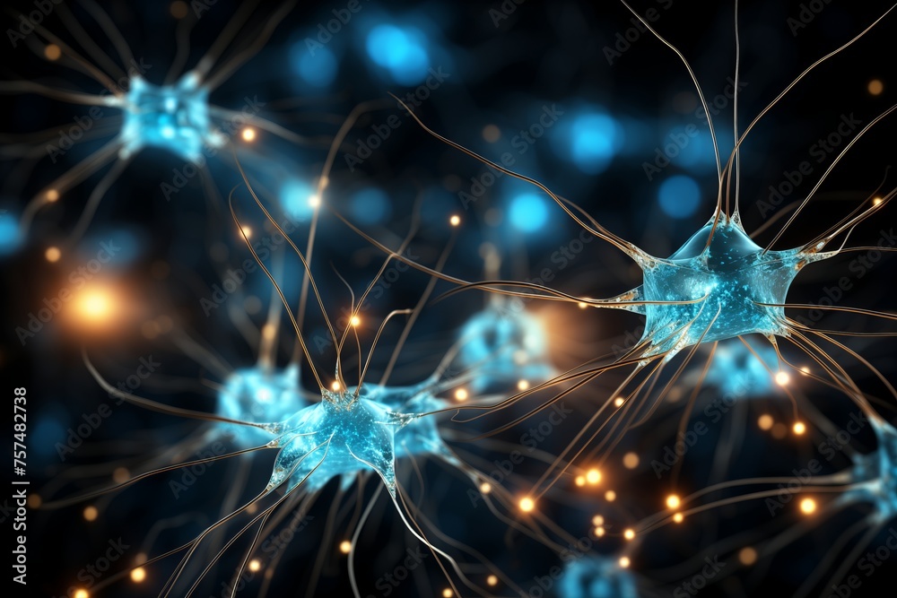 Fototapeta premium Close-up view of neural synapses with active electrical impulses.