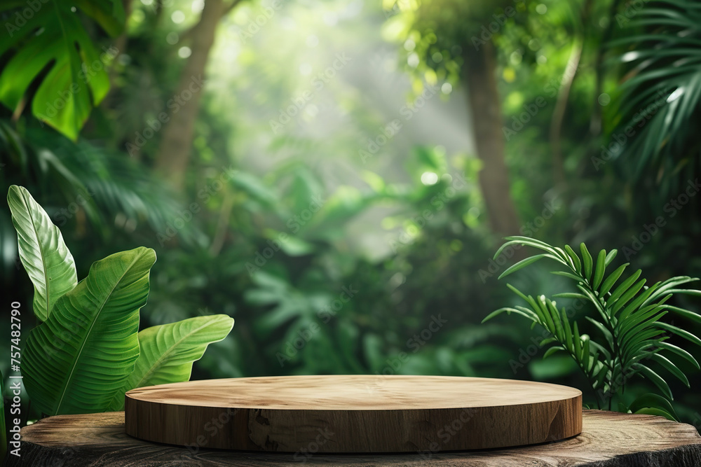 Empty wooden podium with tropical forest backdrop for product display Empty wooden podium with tropical forest backdrop for product display